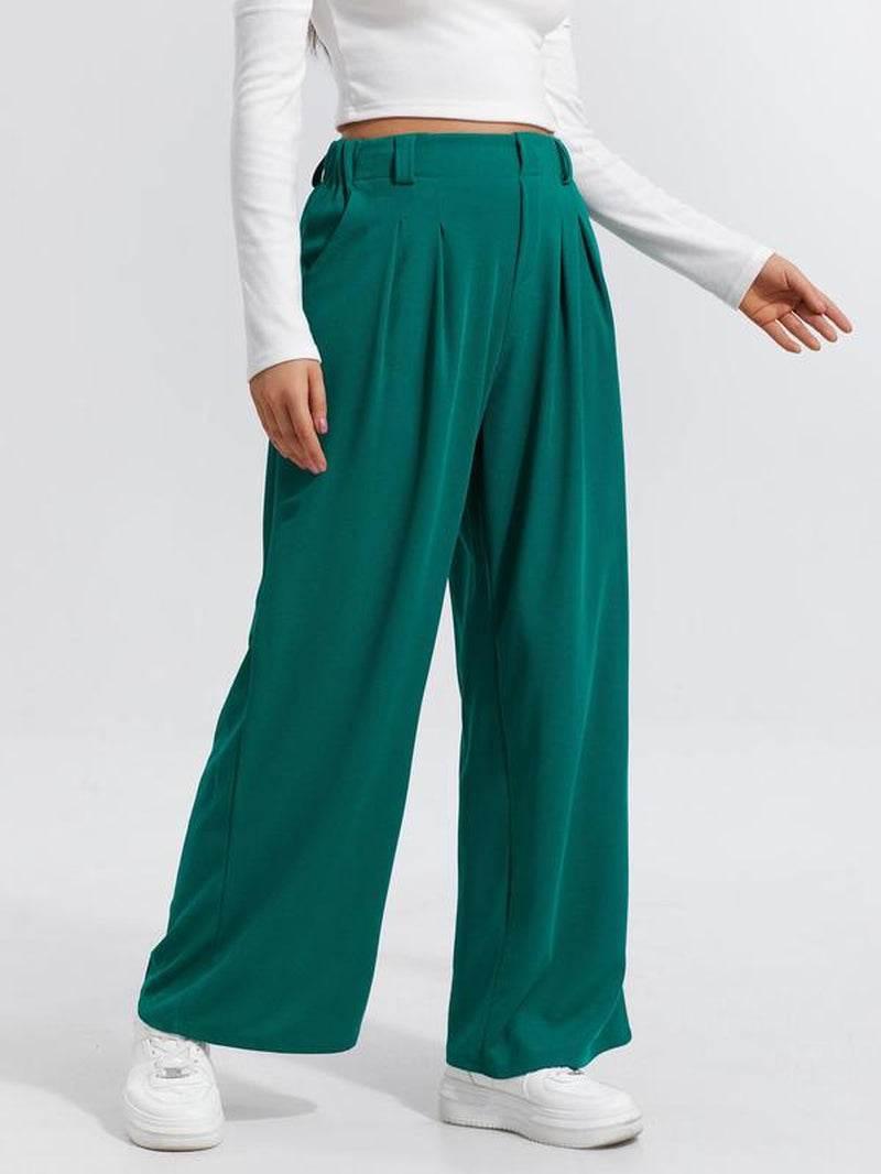 Women'S Plain High Waist Wide Leg Pants, Casual Pocket Trousers for Daily Wear, Ladies Bottoms for All Seasons