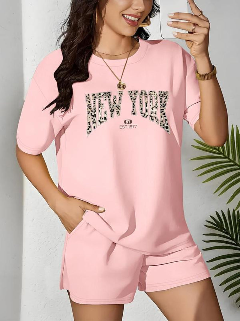 【Plus Size】 Two-Piece Set Letter & Leopard Print Short Sleeve Tee & Skinny Shorts, Casual round Neck T-Shirt & Skinny Shorts, Women'S Summer Clothes