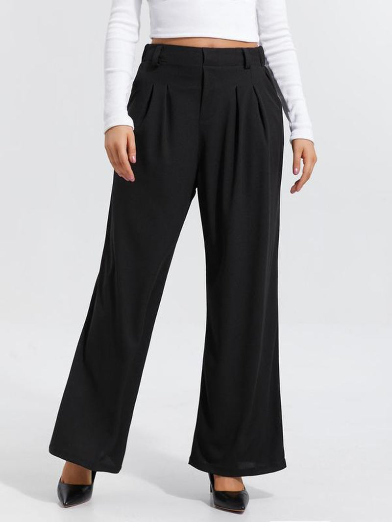Women'S Plain High Waist Wide Leg Pants, Casual Pocket Trousers for Daily Wear, Ladies Bottoms for All Seasons