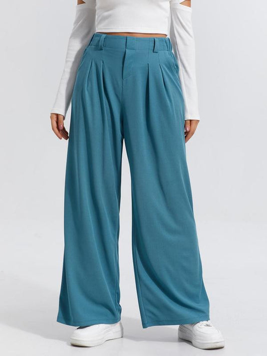 Women'S Plain High Waist Wide Leg Pants, Casual Pocket Trousers for Daily Wear, Ladies Bottoms for All Seasons