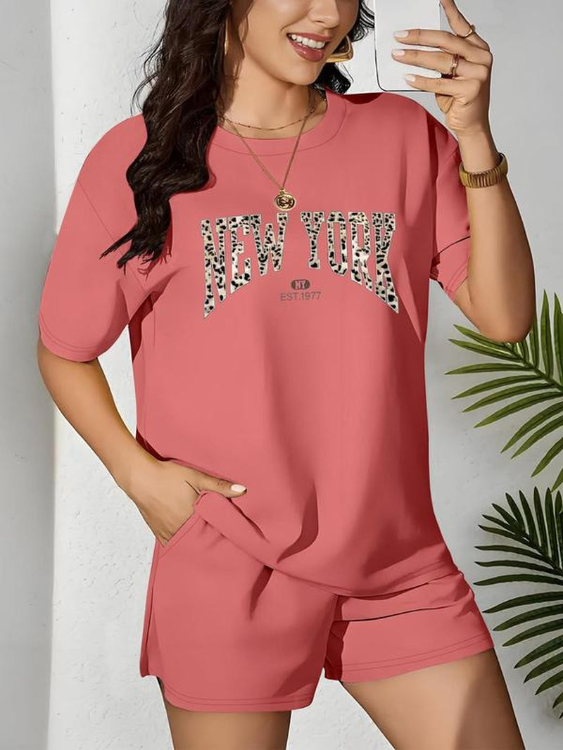【Plus Size】 Two-Piece Set Letter & Leopard Print Short Sleeve Tee & Skinny Shorts, Casual round Neck T-Shirt & Skinny Shorts, Women'S Summer Clothes