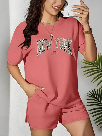 【Plus Size】 Two-Piece Set Letter & Leopard Print Short Sleeve Tee & Skinny Shorts, Casual round Neck T-Shirt & Skinny Shorts, Women'S Summer Clothes
