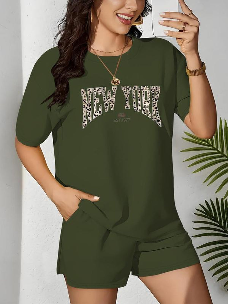 【Plus Size】 Two-Piece Set Letter & Leopard Print Short Sleeve Tee & Skinny Shorts, Casual round Neck T-Shirt & Skinny Shorts, Women'S Summer Clothes