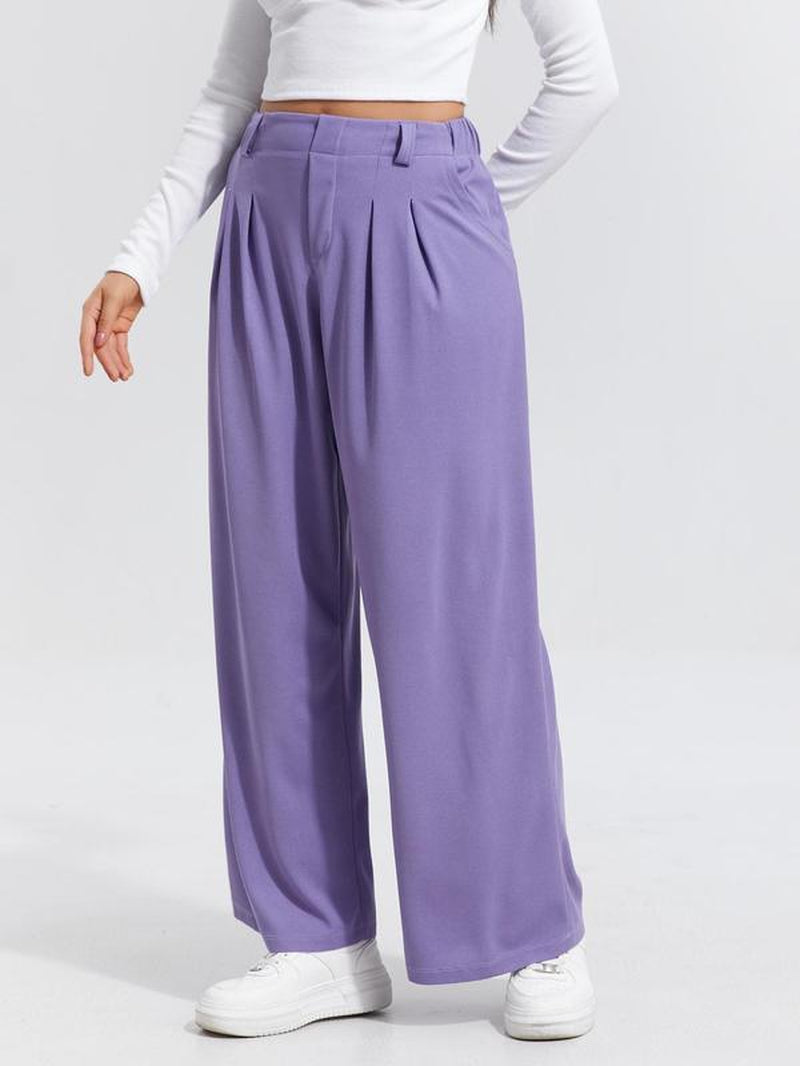 Women'S Plain High Waist Wide Leg Pants, Casual Pocket Trousers for Daily Wear, Ladies Bottoms for All Seasons