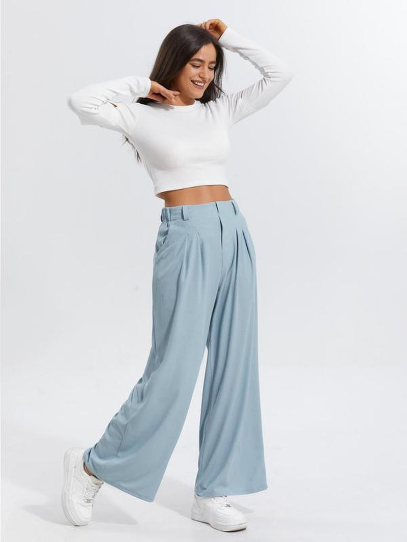 Women'S Plain High Waist Wide Leg Pants, Casual Pocket Trousers for Daily Wear, Ladies Bottoms for All Seasons