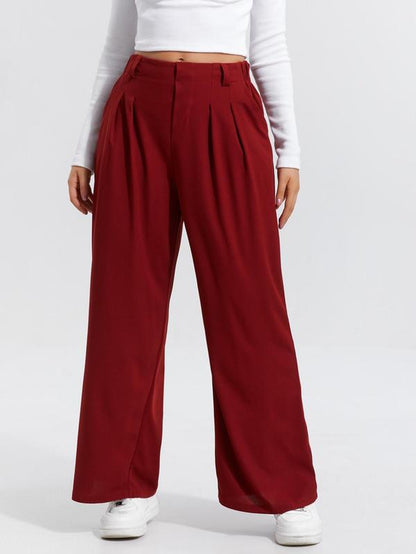 Women'S Plain High Waist Wide Leg Pants, Casual Pocket Trousers for Daily Wear, Ladies Bottoms for All Seasons