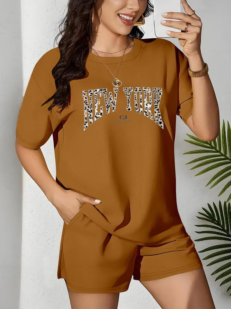 【Plus Size】 Two-Piece Set Letter & Leopard Print Short Sleeve Tee & Skinny Shorts, Casual round Neck T-Shirt & Skinny Shorts, Women'S Summer Clothes