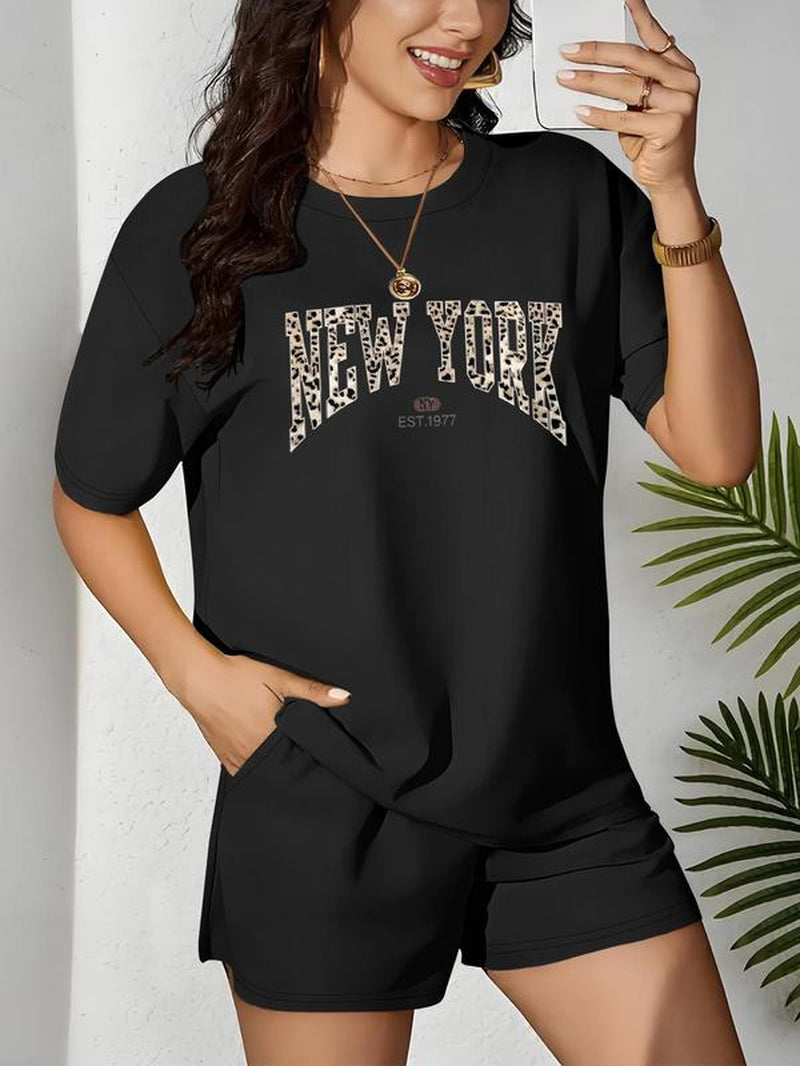 【Plus Size】 Two-Piece Set Letter & Leopard Print Short Sleeve Tee & Skinny Shorts, Casual round Neck T-Shirt & Skinny Shorts, Women'S Summer Clothes