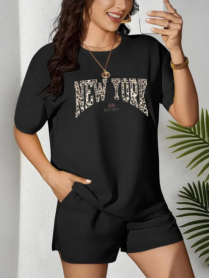 【Plus Size】 Two-Piece Set Letter & Leopard Print Short Sleeve Tee & Skinny Shorts, Casual round Neck T-Shirt & Skinny Shorts, Women'S Summer Clothes
