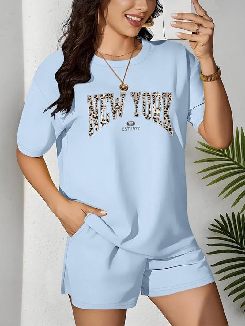 【Plus Size】 Two-Piece Set Letter & Leopard Print Short Sleeve Tee & Skinny Shorts, Casual round Neck T-Shirt & Skinny Shorts, Women'S Summer Clothes